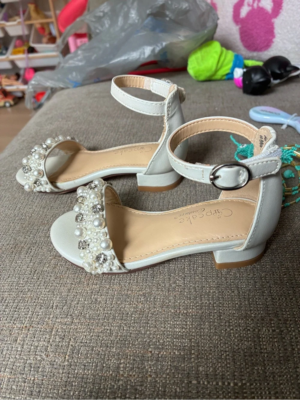 Cupcake Couture White Pearl-Embellished Ankle Strap Dress Heels for Kids